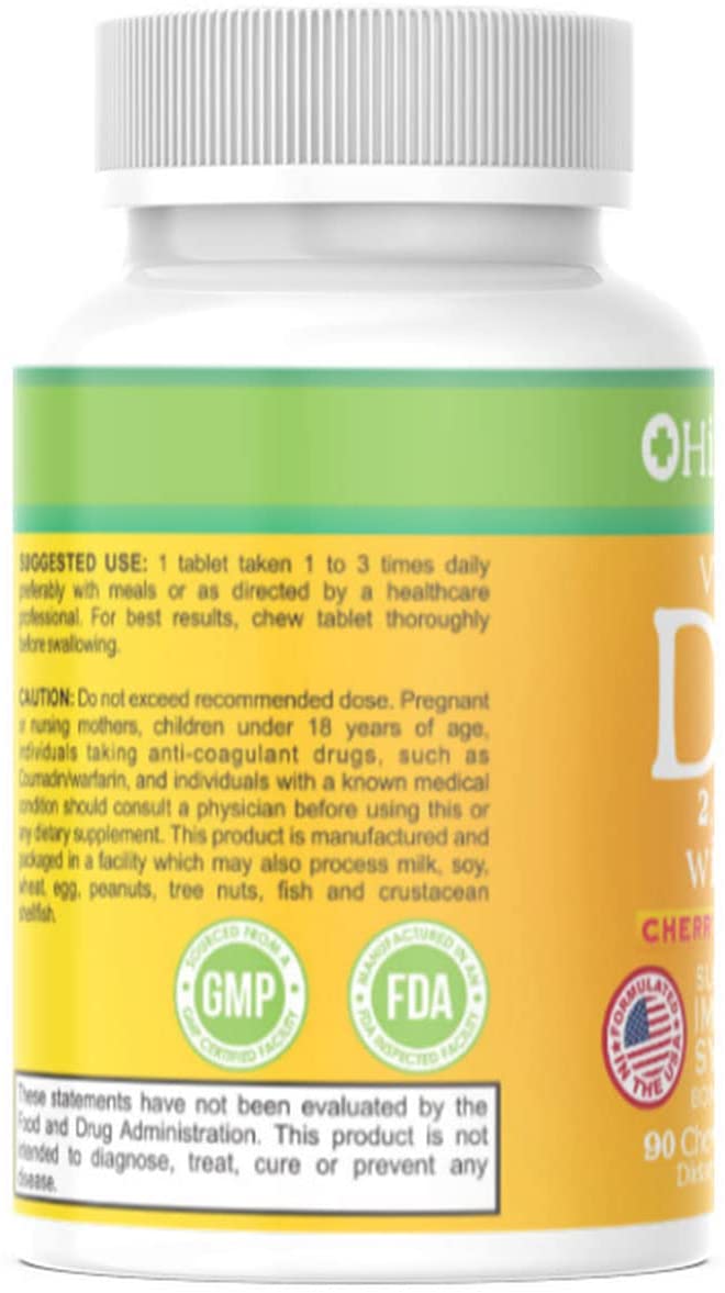 Vitamin D3 2000 IU with Vitamin K2 Chewable Cherry Flavored 90ct - Immune System Support - Bone Health