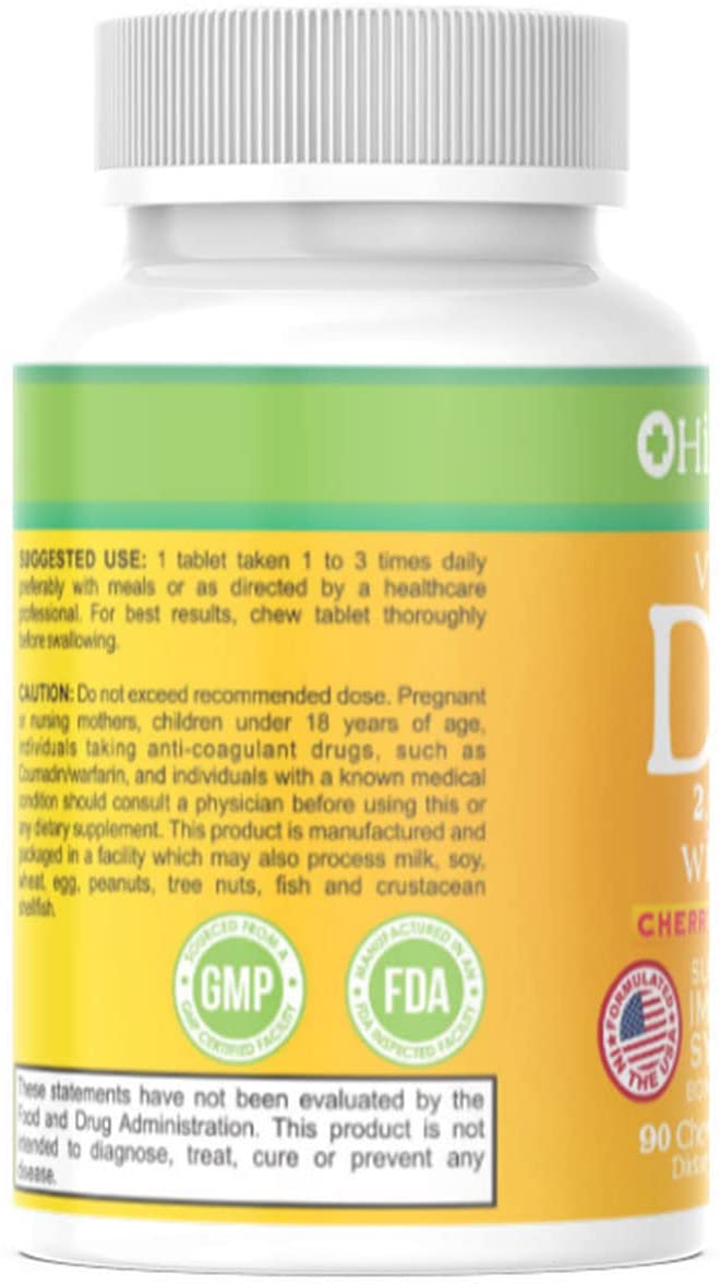 Vitamin D3 2000 IU with Vitamin K2 Chewable Cherry Flavored 90ct - Immune System Support - Bone Health