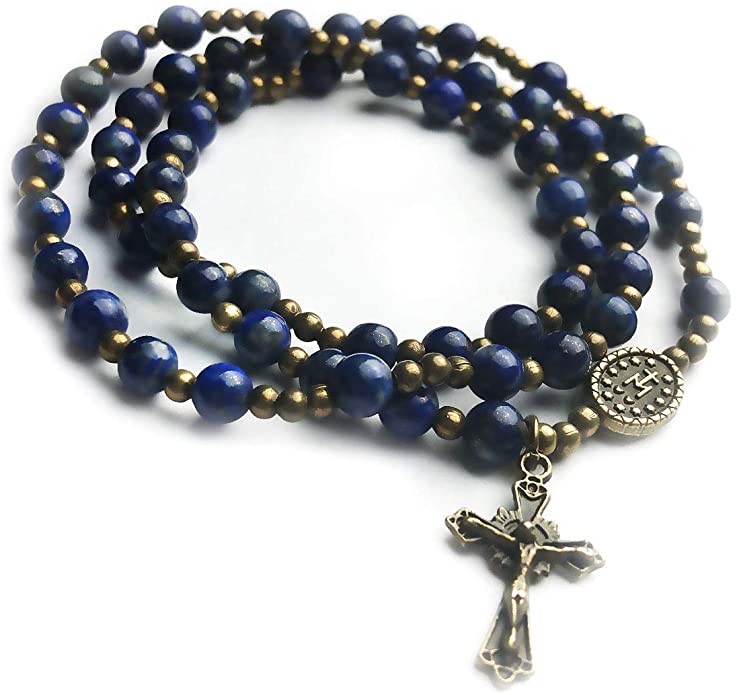 Blue Lapis Stone Catholic Rosary Bracelet for Women with Miraculous Medal Charm - Catholic Gifts - Rosarios Catolicos