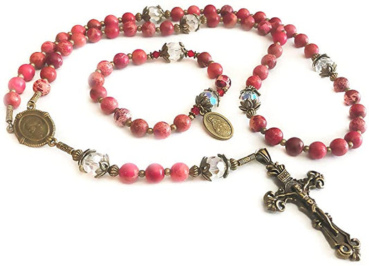 Sacred Heart of Jesus Stone and Crystal Rosary and Bracelet Deluxe Boxed Set - Catholic Rosary - Rosarios Catolicos - Catholic Gifts Women - Regalos Catolicos