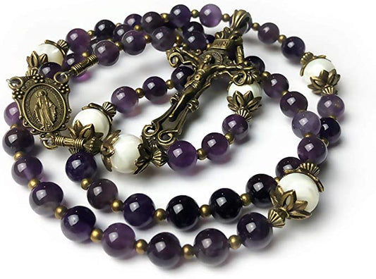 Amethyst and Mother of Pearl Stone Rosary with Miraculous Medal - Catholic Rosary - Rosarios Catolicos - Catholic Gifts Women - Regalos Catolicos Para Mujer