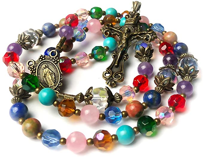 Basilica Window Crystal and Stone Rosary with Miraculous Medal - Catholic Rosary - Rosarios Catolicos - Catholic Gifts Women - Regalos Catolicos Para Mujer